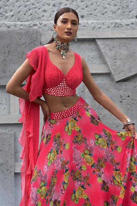 Buy Chhavvi Aggarwal Pink Crepe, Georgette, Linen Mirrors, Geometric Floral Print Lehenga Set Online at Aza Fashions Buy_Chhavvi Aggarwal_Pink Crepe, Georgette, Linen Mirrors, Geometric Floral Print Lehenga Set _Online_at_Aza_Fashions
