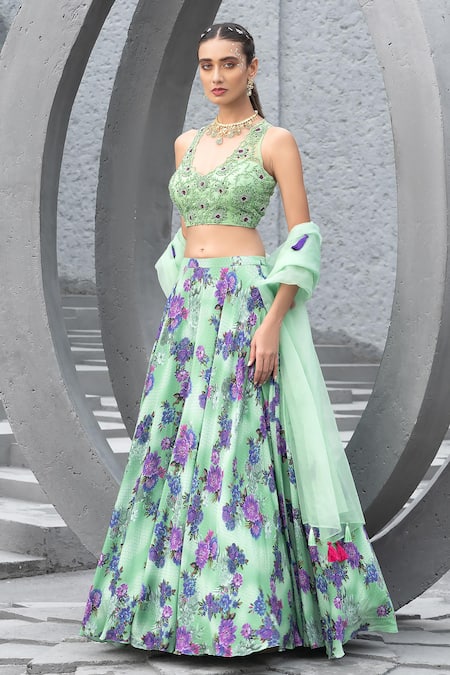 Chhavvi Aggarwal Green Crepe, Organza, Net Beads, Sequins, Cut Floral Geometric Print Lehenga Set Online at Aza Fashions Chhavvi Aggarwal_Green Crepe, Organza, Net Beads, Sequins, Cut Floral Geometric Print Lehenga Set _Online_at_Aza_Fashions