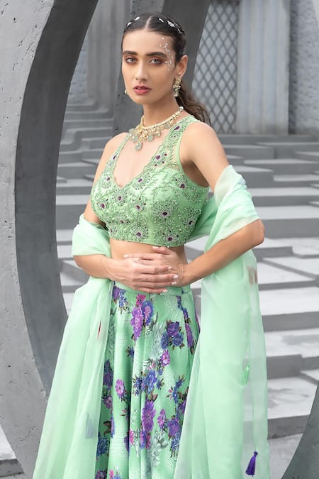 Buy Chhavvi Aggarwal Green Crepe, Organza, Net Beads, Sequins, Cut Floral Geometric Print Lehenga Set Online at Aza Fashions Buy_Chhavvi Aggarwal_Green Crepe, Organza, Net Beads, Sequins, Cut Floral Geometric Print Lehenga Set _Online_at_Aza_Fashions