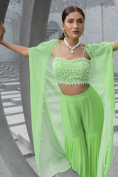 Chhavvi Aggarwal_Green Georgette, Linen Pearls Sweetheart Neck, Geometric Print Cape Sharara Set _Online_at_Aza_Fashions
