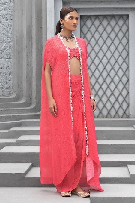 Chhavvi Aggarwal_Pink Georgette Pearls, Metallic Thread Geometric Print Cape And Skirt Set _Online_at_Aza_Fashions