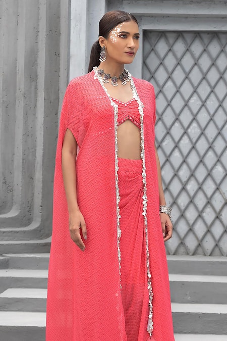 Buy_Chhavvi Aggarwal_Pink Georgette Pearls, Metallic Thread Geometric Print Cape And Skirt Set _Online_at_Aza_Fashions