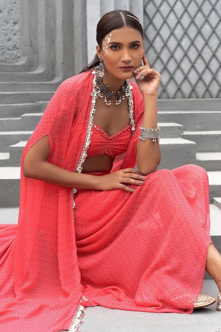 Shop_Chhavvi Aggarwal_Pink Georgette Pearls, Metallic Thread Geometric Print Cape And Skirt Set _Online_at_Aza_Fashions