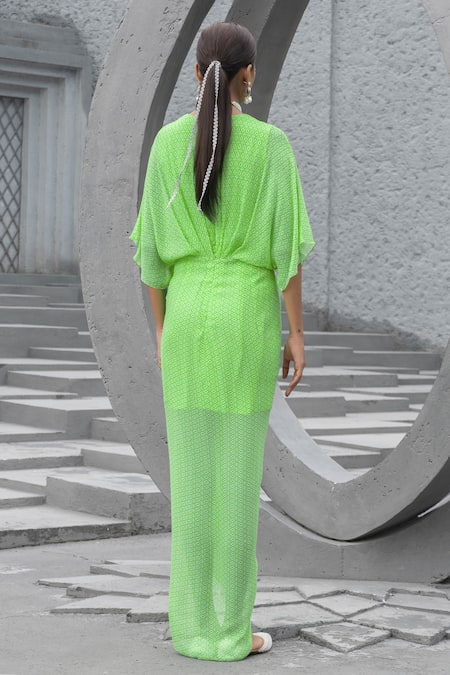 Shop Chhavvi Aggarwal Green Georgette Sequins, Pearls V-neck Geometric Print Draped Dress at Aza Fashions Shop_Chhavvi Aggarwal_Green Georgette Sequins, Pearls V-neck Geometric Print Draped Dress _at_Aza_Fashions