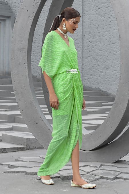 Buy Chhavvi Aggarwal Green Georgette Sequins, Pearls V-neck Geometric Print Draped Dress Online at Aza Fashions Buy_Chhavvi Aggarwal_Green Georgette Sequins, Pearls V-neck Geometric Print Draped Dress _Online_at_Aza_Fashions