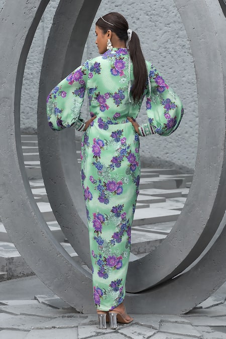 Shop Chhavvi Aggarwal Green Crepe Sequins, Pearls Collared Floral Print Draped Dress at Aza Fashions Shop_Chhavvi Aggarwal_Green Crepe Sequins, Pearls Collared Floral Print Draped Dress _at_Aza_Fashions