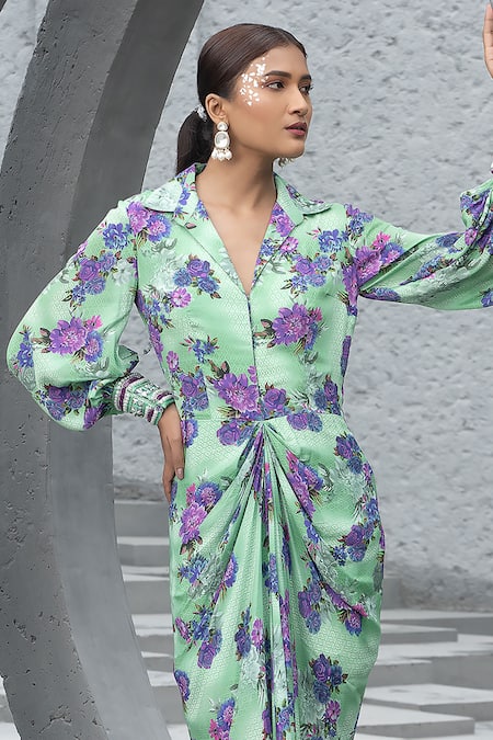 Chhavvi Aggarwal Green Crepe Sequins, Pearls Collared Floral Print Draped Dress Online at Aza Fashions Chhavvi Aggarwal_Green Crepe Sequins, Pearls Collared Floral Print Draped Dress _Online_at_Aza_Fashions