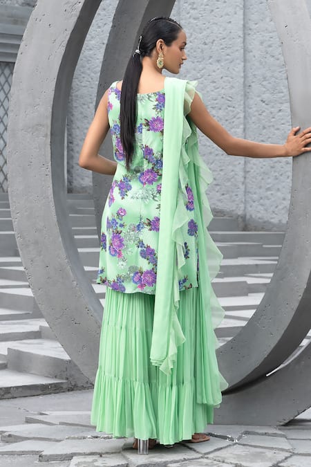 Shop Chhavvi Aggarwal Green Organza, Crepe, Georgette Embroidery, Floral Print Kurta Sharara Set at Aza Fashions Shop_Chhavvi Aggarwal_Green Organza, Crepe, Georgette Embroidery, Floral Print Kurta Sharara Set _at_Aza_Fashions