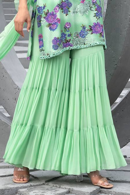 Chhavvi Aggarwal Green Organza, Crepe, Georgette Embroidery, Floral Print Kurta Sharara Set Online at Aza Fashions Chhavvi Aggarwal_Green Organza, Crepe, Georgette Embroidery, Floral Print Kurta Sharara Set _Online_at_Aza_Fashions