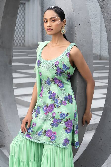 Buy Chhavvi Aggarwal Green Organza, Crepe, Georgette Embroidery, Floral Print Kurta Sharara Set Online at Aza Fashions Buy_Chhavvi Aggarwal_Green Organza, Crepe, Georgette Embroidery, Floral Print Kurta Sharara Set _Online_at_Aza_Fashions