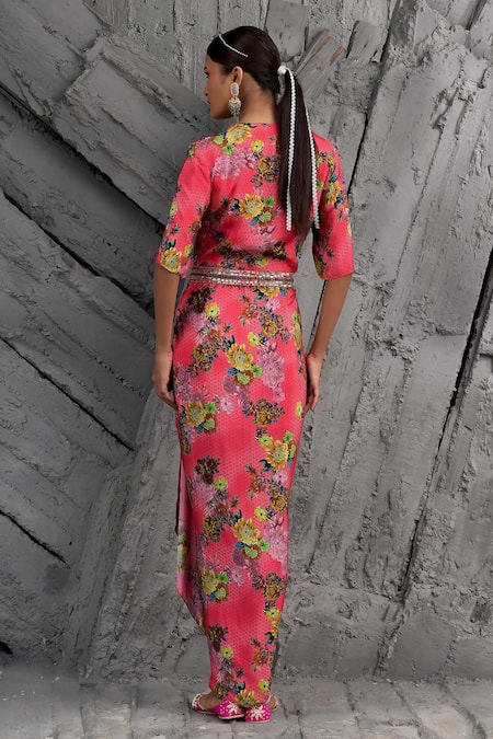 Shop Chhavvi Aggarwal Pink Crepe Sequins, Embroidery Round Neck Geometric Floral Print Draped Dress at Aza Fashions Shop_Chhavvi Aggarwal_Pink Crepe Sequins, Embroidery Round Neck Geometric Floral Print Draped Dress _at_Aza_Fashions