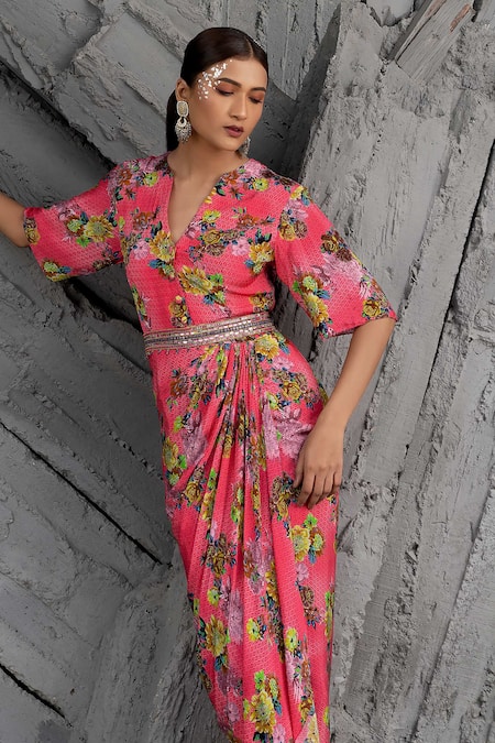 Chhavvi Aggarwal Pink Crepe Sequins, Embroidery Round Neck Geometric Floral Print Draped Dress Online at Aza Fashions Chhavvi Aggarwal_Pink Crepe Sequins, Embroidery Round Neck Geometric Floral Print Draped Dress _Online_at_Aza_Fashions