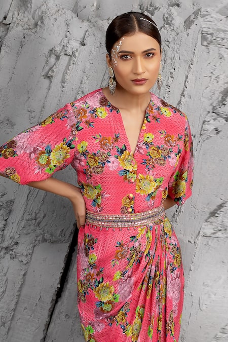 Buy Chhavvi Aggarwal Pink Crepe Sequins, Embroidery Round Neck Geometric Floral Print Draped Dress Online at Aza Fashions Buy_Chhavvi Aggarwal_Pink Crepe Sequins, Embroidery Round Neck Geometric Floral Print Draped Dress _Online_at_Aza_Fashions