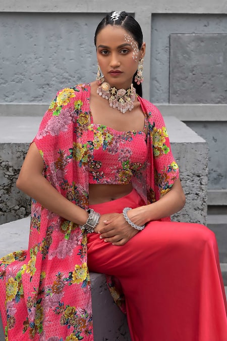Buy Chhavvi Aggarwal Pink Crepe, Bamboo Sequins, Beads Sweetheart Geometric Floral Cape Skirt Set Online at Aza Fashions Buy_Chhavvi Aggarwal_Pink Crepe, Bamboo Sequins, Beads Sweetheart Geometric Floral Cape Skirt Set _Online_at_Aza_Fashions