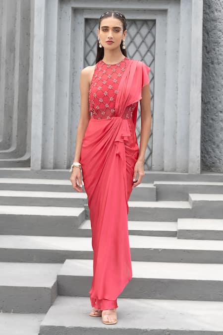 Buy Online Rose Pink Draped Pallu Sari with Designer Saree Blouse – Pure  Elegance