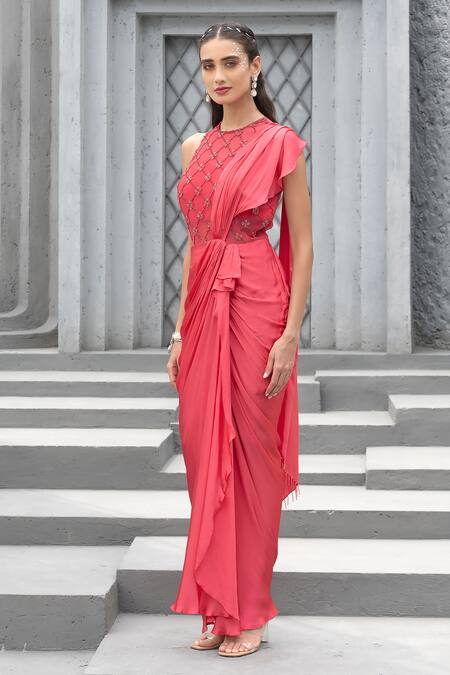 Chhavvi Aggarwal_Pink Bamboo Beads, Sequins Round Neck Embroidered Draped Saree Gown _Online_at_Aza_Fashions