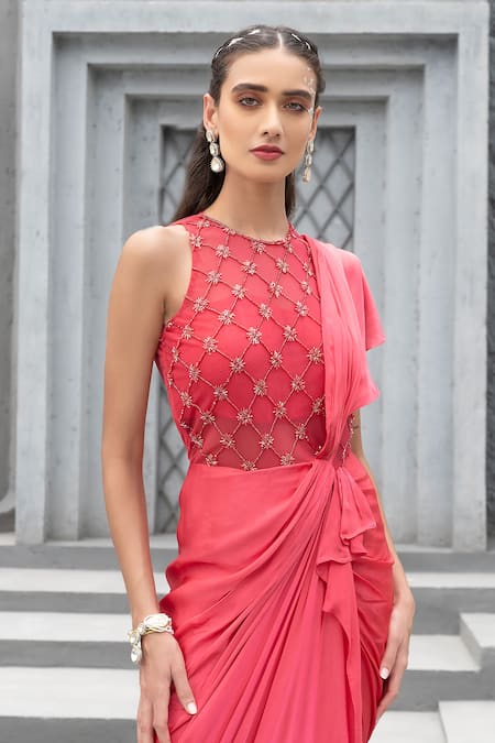 Buy_Chhavvi Aggarwal_Pink Bamboo Beads, Sequins Round Neck Embroidered Draped Saree Gown _Online_at_Aza_Fashions