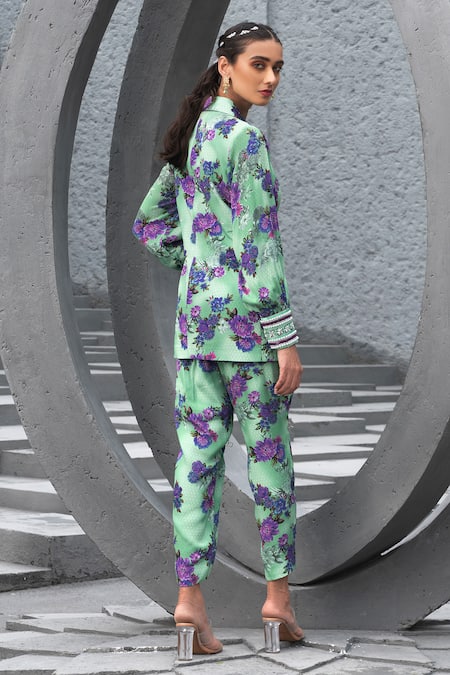 Shop Chhavvi Aggarwal Green Crepe, Linen Sequins, Beads Collared Floral Print Jacket And Pant Set at Aza Fashions Shop_Chhavvi Aggarwal_Green Crepe, Linen Sequins, Beads Collared Floral Print Jacket And Pant Set _at_Aza_Fashions