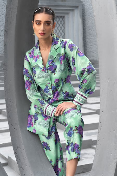 Chhavvi Aggarwal Green Crepe, Linen Sequins, Beads Collared Floral Print Jacket And Pant Set Online at Aza Fashions Chhavvi Aggarwal_Green Crepe, Linen Sequins, Beads Collared Floral Print Jacket And Pant Set _Online_at_Aza_Fashions