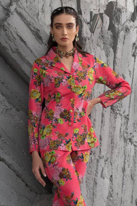 Chhavvi Aggarwal_Pink Crepe Beads Collared Floral Geometric Print Jacket And Pant Set _Online_at_Aza_Fashions