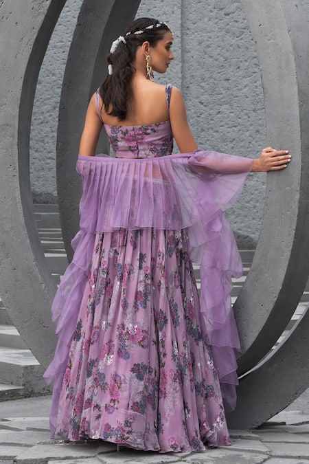 Shop Chhavvi Aggarwal Purple Georgette, Organza, Linen Sequins, Botanical Print Flared Lehenga Set at Aza Fashions Shop_Chhavvi Aggarwal_Purple Georgette, Organza, Linen Sequins, Botanical Print Flared Lehenga Set _at_Aza_Fashions