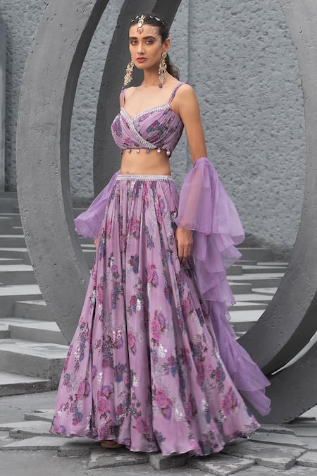 Chhavvi Aggarwal Purple Georgette, Organza, Linen Sequins, Botanical Print Flared Lehenga Set Online at Aza Fashions Chhavvi Aggarwal_Purple Georgette, Organza, Linen Sequins, Botanical Print Flared Lehenga Set _Online_at_Aza_Fashions
