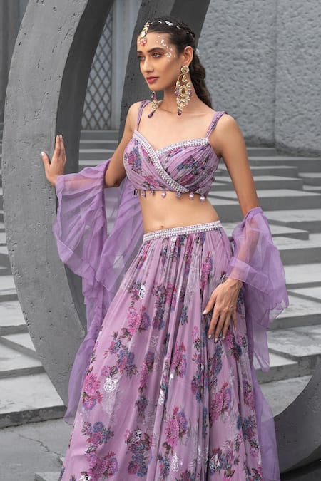 Buy Chhavvi Aggarwal Purple Georgette, Organza, Linen Sequins, Botanical Print Flared Lehenga Set Online at Aza Fashions Buy_Chhavvi Aggarwal_Purple Georgette, Organza, Linen Sequins, Botanical Print Flared Lehenga Set _Online_at_Aza_Fashions