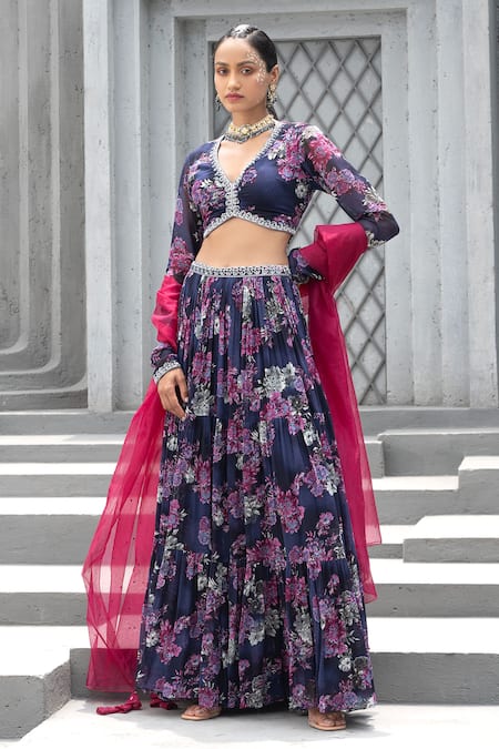 Chhavvi Aggarwal Blue Georgette Printed And Embroidered Bloom V Neck Tiered Lehenga Set