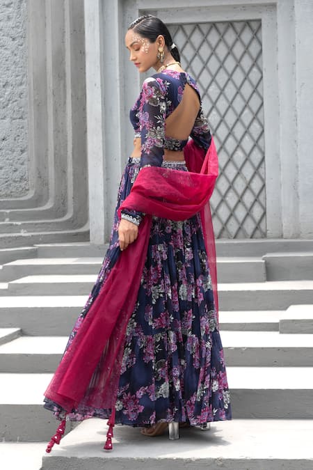 Shop Chhavvi Aggarwal Blue Georgette, Organza Sequins, Cut Work V-neck Bloom Print Tiered Lehenga Set at Aza Fashions Shop_Chhavvi Aggarwal_Blue Georgette, Organza Sequins, Cut Work V-neck Bloom Print Tiered Lehenga Set _at_Aza_Fashions