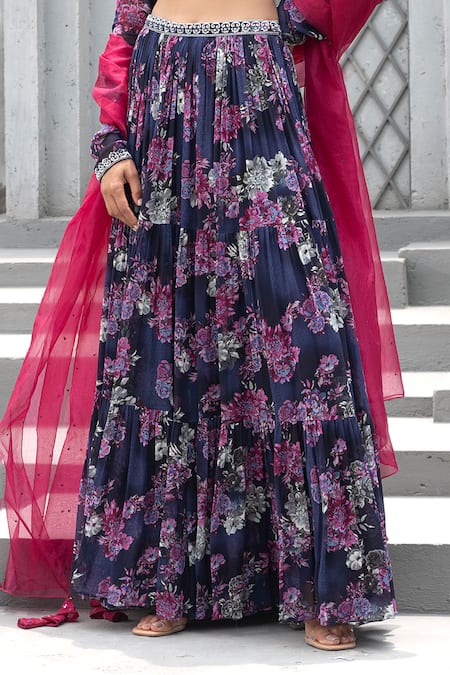 Chhavvi Aggarwal Blue Georgette, Organza Sequins, Cut Work V-neck Bloom Print Tiered Lehenga Set Online at Aza Fashions Chhavvi Aggarwal_Blue Georgette, Organza Sequins, Cut Work V-neck Bloom Print Tiered Lehenga Set _Online_at_Aza_Fashions