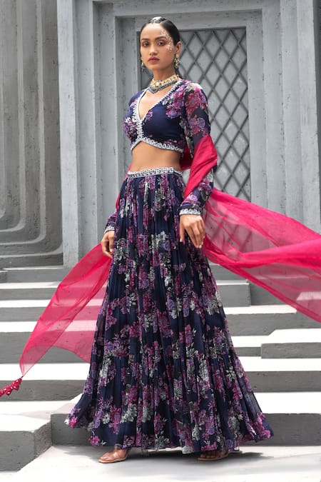 Buy Chhavvi Aggarwal Blue Georgette, Organza Sequins, Cut Work V-neck Bloom Print Tiered Lehenga Set Online at Aza Fashions Buy_Chhavvi Aggarwal_Blue Georgette, Organza Sequins, Cut Work V-neck Bloom Print Tiered Lehenga Set _Online_at_Aza_Fashions