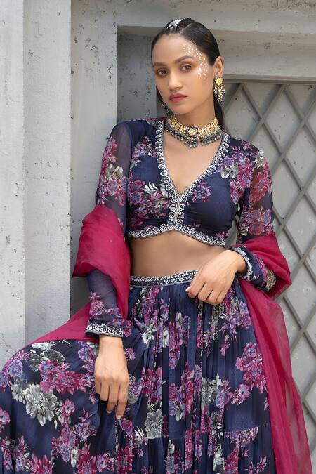 Shop Chhavvi Aggarwal Blue Georgette, Organza Sequins, Cut Work V-neck Bloom Print Tiered Lehenga Set Online at Aza Fashions Shop_Chhavvi Aggarwal_Blue Georgette, Organza Sequins, Cut Work V-neck Bloom Print Tiered Lehenga Set _Online_at_Aza_Fashions