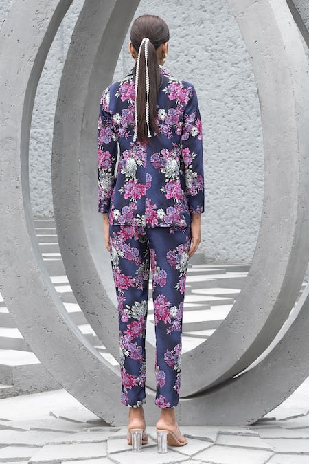 Shop Chhavvi Aggarwal Blue Crepe Sequins, Beads Square Neck, Collared Botanical Print Jacket Pant Set at Aza Fashions Shop_Chhavvi Aggarwal_Blue Crepe Sequins, Beads Square Neck, Collared Botanical Print Jacket Pant Set _at_Aza_Fashions