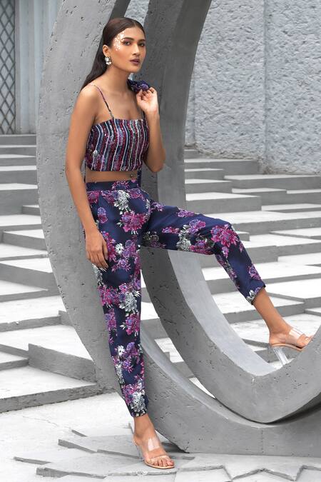Chhavvi Aggarwal Blue Crepe Sequins, Beads Square Neck, Collared Botanical Print Jacket Pant Set Online at Aza Fashions Chhavvi Aggarwal_Blue Crepe Sequins, Beads Square Neck, Collared Botanical Print Jacket Pant Set _Online_at_Aza_Fashions