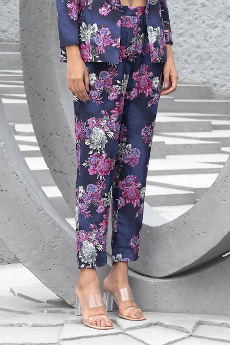 Shop Chhavvi Aggarwal Blue Crepe Sequins, Beads Square Neck, Collared Botanical Print Jacket Pant Set Online at Aza Fashions Shop_Chhavvi Aggarwal_Blue Crepe Sequins, Beads Square Neck, Collared Botanical Print Jacket Pant Set _Online_at_Aza_Fashions