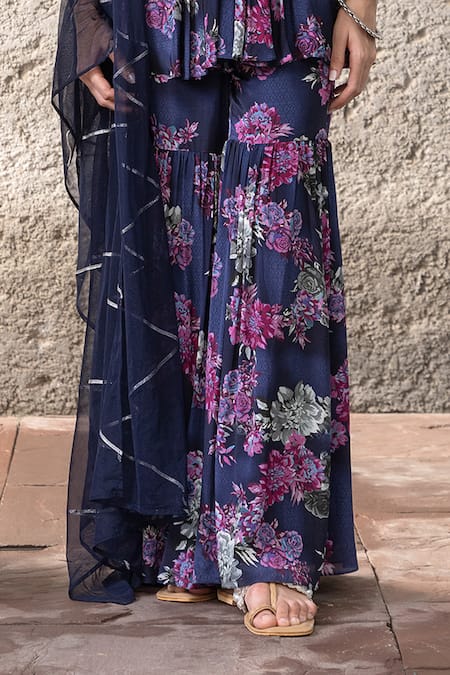 Chhavvi Aggarwal_Blue Crepe, Georgette, Organza Embroidery, Navy Peplum Jacket And Sharara Set _Online_at_Aza_Fashions