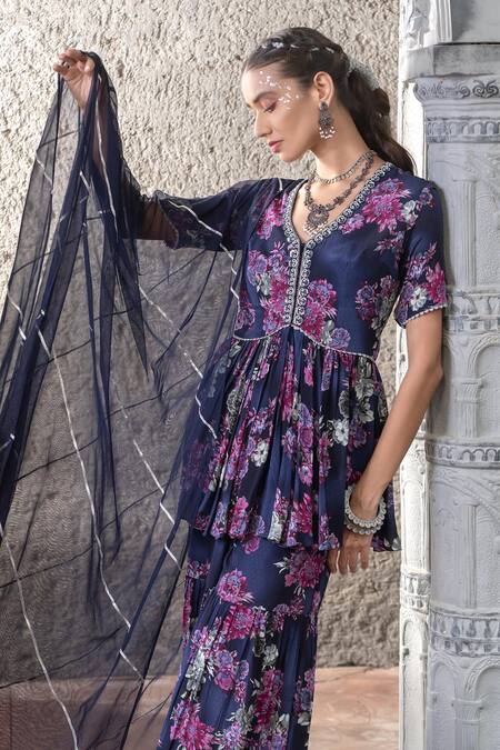 Buy_Chhavvi Aggarwal_Blue Crepe, Georgette, Organza Embroidery, Navy Peplum Jacket And Sharara Set _Online_at_Aza_Fashions