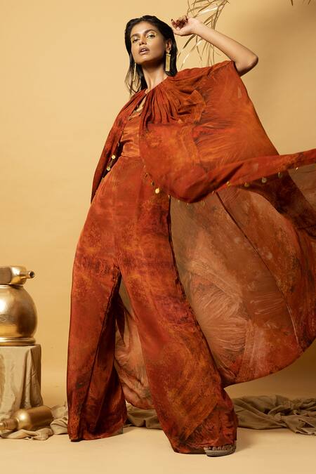 Label Shristi Chetani Orange Crepe, Georgette Embroidery, Tassels Sweetheart Hand Cape And Jumpsuit Set Online at Aza Fashions Label Shristi Chetani_Orange Crepe, Georgette Embroidery, Tassels Sweetheart Hand Cape And Jumpsuit Set_Online_at_Aza_Fashions