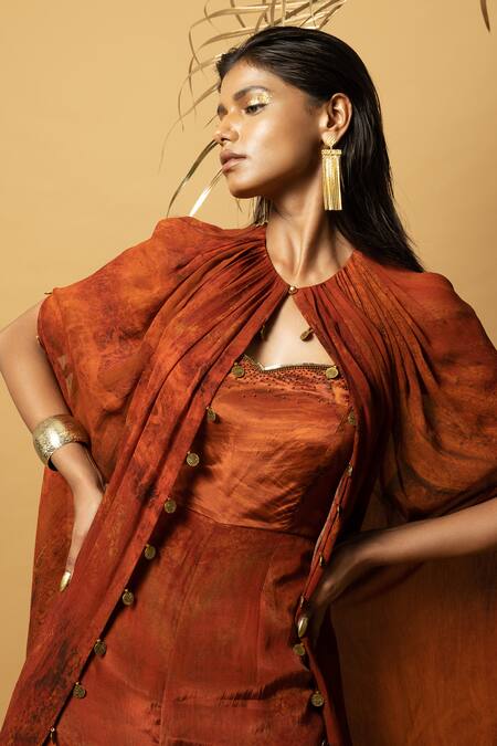 Buy Label Shristi Chetani Orange Crepe, Georgette Embroidery, Tassels Sweetheart Hand Cape And Jumpsuit Set Online at Aza Fashions Buy_Label Shristi Chetani_Orange Crepe, Georgette Embroidery, Tassels Sweetheart Hand Cape And Jumpsuit Set_Online_at_Aza_Fashions