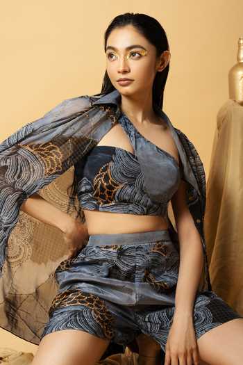 Buy_Label Shristi Chetani_Blue Crepe, Georgette Embroidery, Sequins, Abstract Pattern Shirt Shorts Set_Online_at_Aza_Fashions
