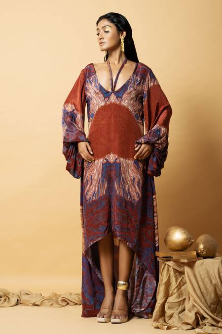 Label Shristi Chetani_Red Crepe Beads, Embroidery Round Neck Abstract Pattern Dress_Online_at_Aza_Fashions