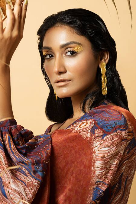 Shop_Label Shristi Chetani_Red Crepe Beads, Embroidery Round Neck Abstract Pattern Dress_Online_at_Aza_Fashions