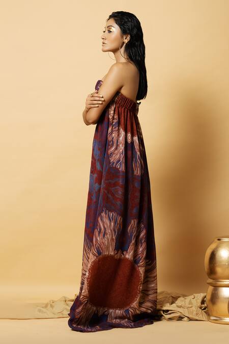Buy_Label Shristi Chetani_Red Georgette Bandeau Neck Printed Maxi Dress _Online_at_Aza_Fashions