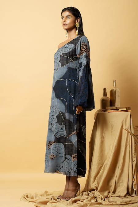Label Shristi Chetani_Blue Georgette Beads, Sequins One Shoulder Abstract Pattern Dress _Online_at_Aza_Fashions