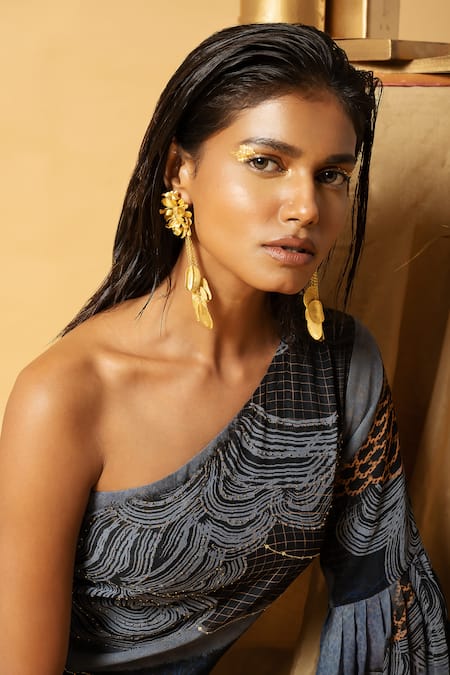 Buy_Label Shristi Chetani_Blue Georgette Beads, Sequins One Shoulder Abstract Pattern Dress _Online_at_Aza_Fashions