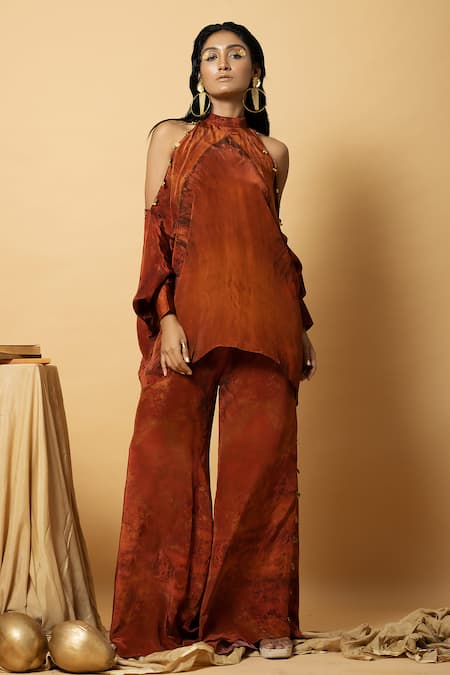 LABEL SHRISTI CHETANI Orange Crepe Hand Embroidered Abstract Halter Pattern Top And Flared Pant Set