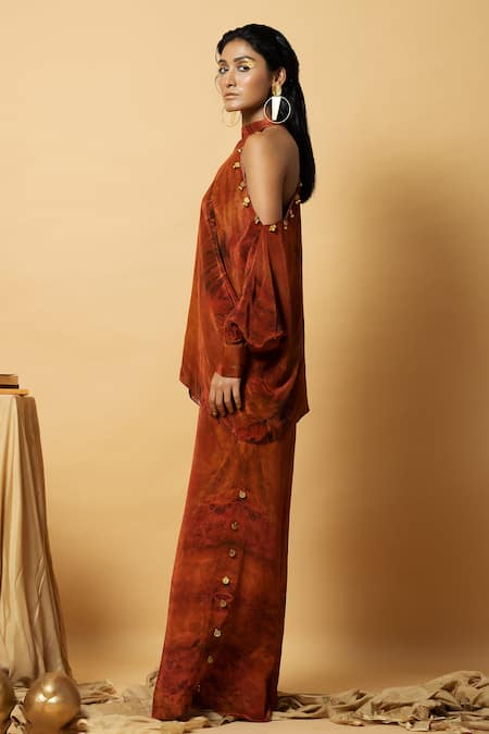 Buy_Label Shristi Chetani_Orange Crepe Tassels, Embroidery Halter Abstract Pattern Top And Flared Pant Set _Online_at_Aza_Fashions