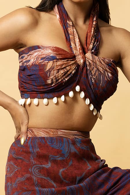 Label Shristi Chetani_Red Georgette Beads, Embroidery Halter Neck Abstract Hand Bralette And Pant Set _Online_at_Aza_Fashions