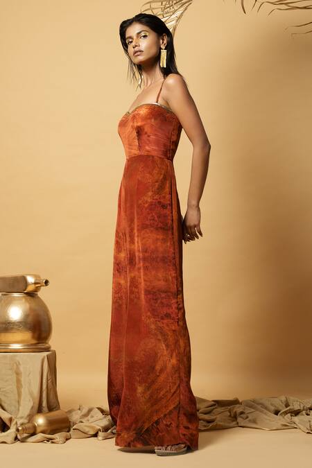 Buy_Label Shristi Chetani_Orange Crepe Sweetheart Neck Abstract Pattern Jumpsuit _Online_at_Aza_Fashions