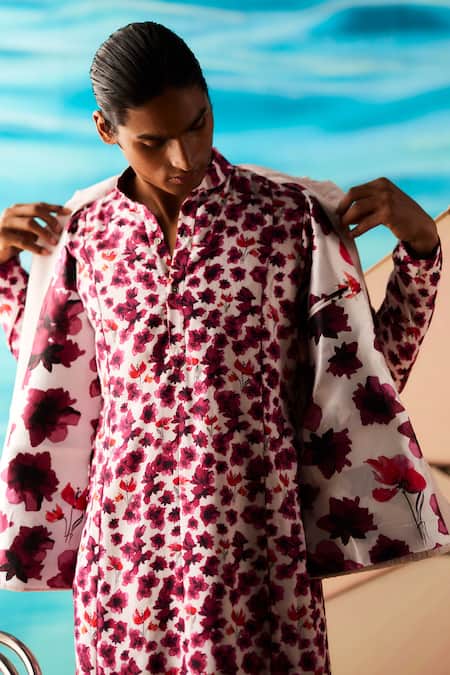 Shop_Raasa_Ivory Crepe Printed Hibiscus Hug Kurta  _at_Aza_Fashions